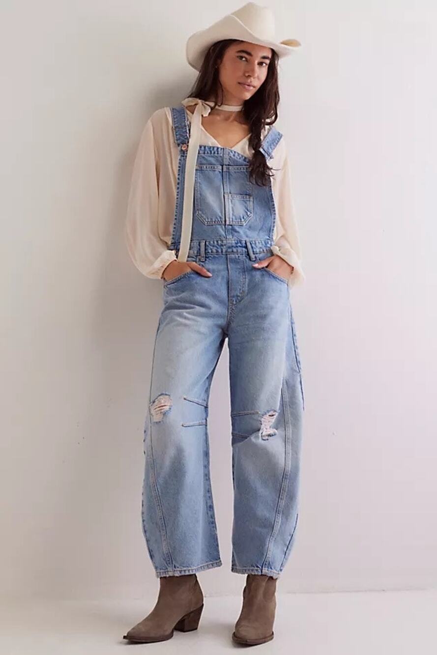 We The Free Barrel Leg Denim Overalls XS Distressed